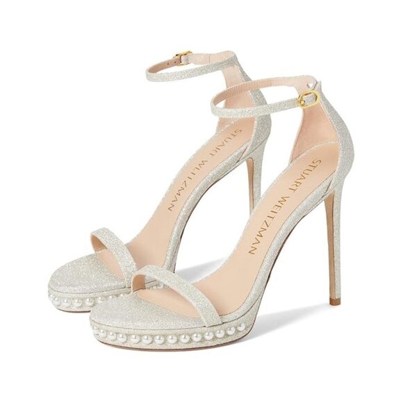 STUART WEITZMAN Women's Nudistdisco Pearl Sandal Size 8 In Platino - Picture 1 of 8